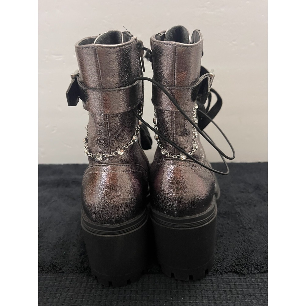 POP Yeardly Metallic Pewter Combat Boots Rhinestone Chain Lug Sole 6.5M New - Picture 2 of 8